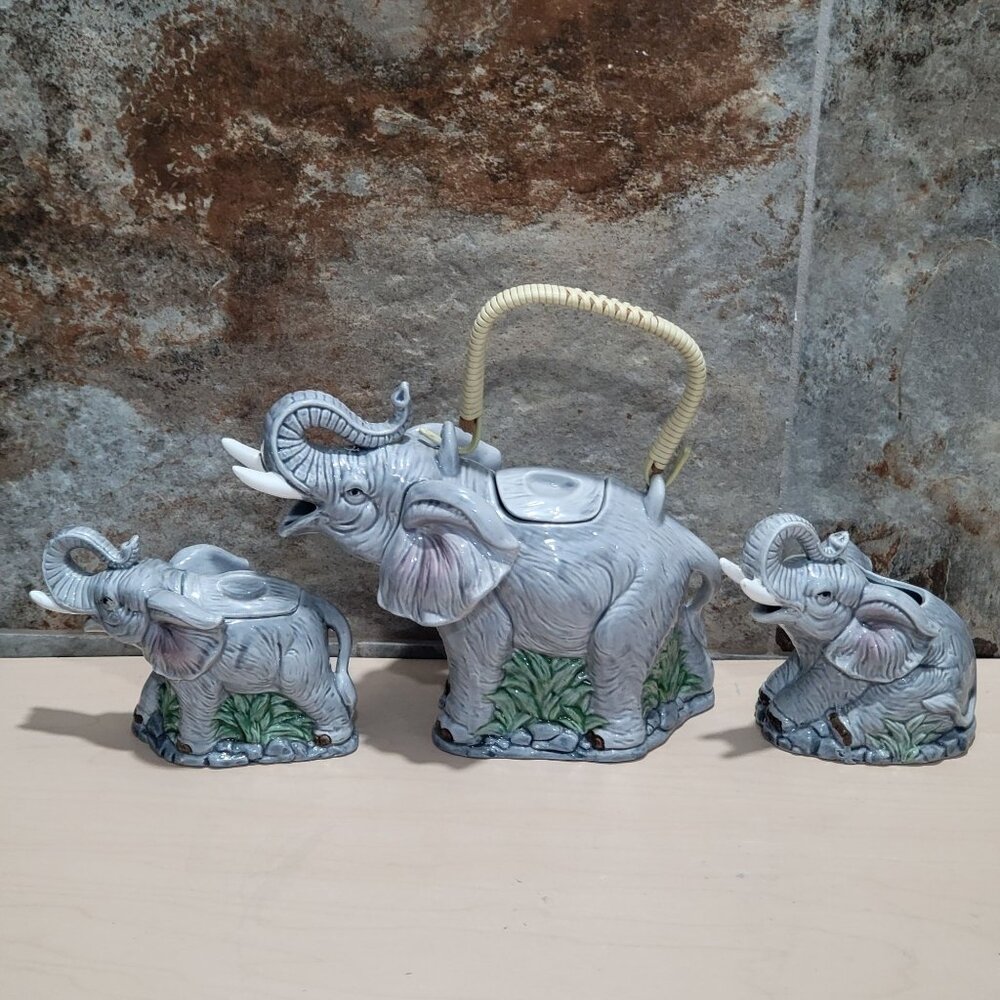 OCI Elephant Tea Set Teapot Creamer Sugar Bowl Repaired Chip